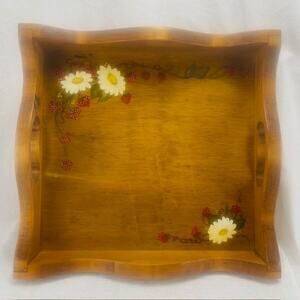 Vintage Wooden Serving Tray Flower Strawberry Theme Design -Approx 12-1/2" X 12"
